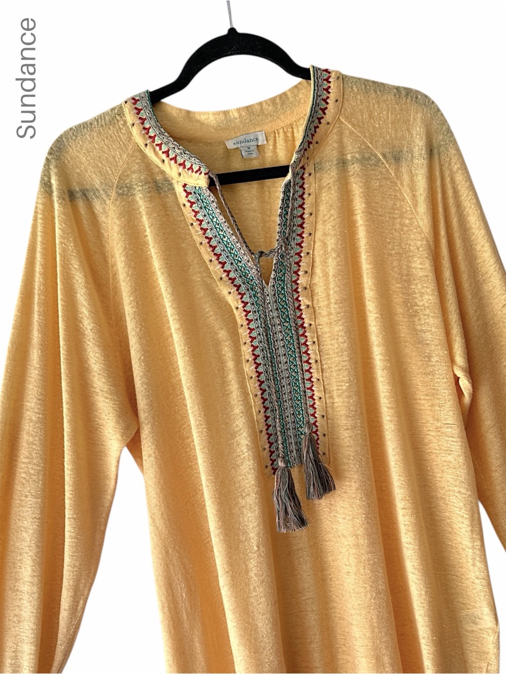 SUNDANCE LIKE NEW PURE LINEN EMBROIDERED TOP V-NECK TASSELS LONG SLEEVE MEDIUM